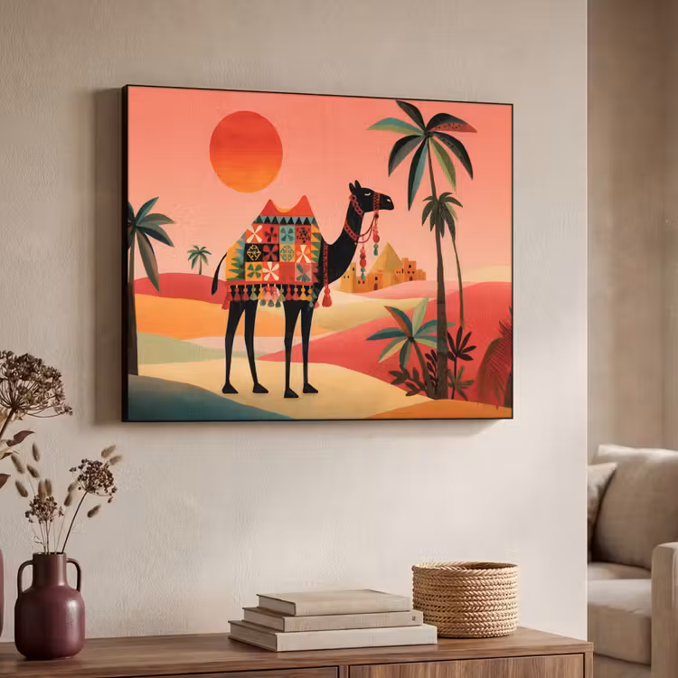 Kameel - Gekleurd tapijt - Duinen - Rode zon Textielframe - compleet frame klein -sfeer3