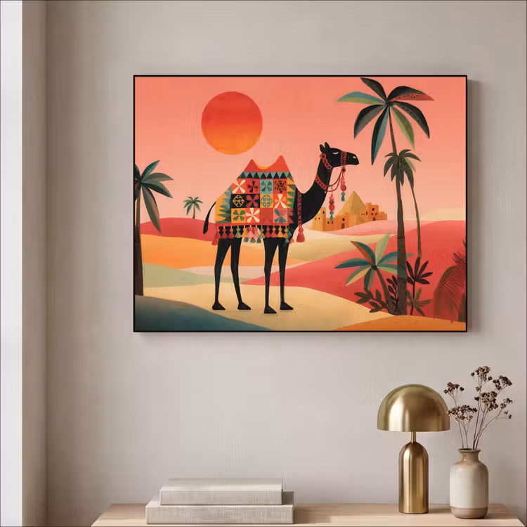 Kameel - Gekleurd tapijt - Duinen - Rode zon Textielframe - compleet frame klein -sfeer2