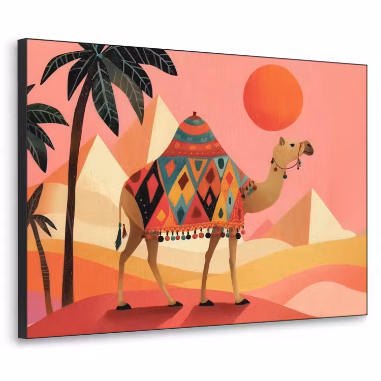 Kameel - Pyramides - Rode zon Textielframe zwart klein -3d