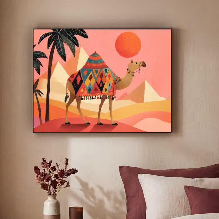 Kameel - Pyramides - Rode zon Textielframe zwart klein -sfeer1