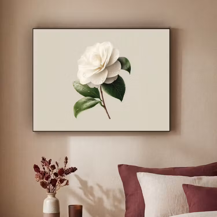 Cameliabloem - Wit - Groen Textielframe zwart klein -sfeer1