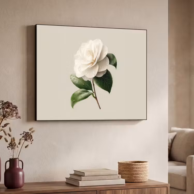 Cameliabloem - Wit - Groen Textielframe - compleet frame klein -sfeer3