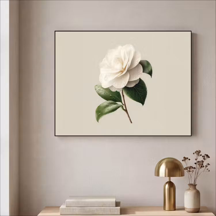 Cameliabloem - Wit - Groen Textielframe - compleet frame klein -sfeer2