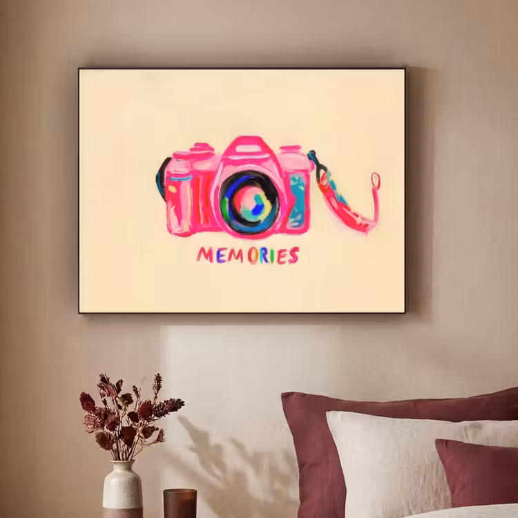 Camera - Memories - Roze - Geschilderd Textielframe zwart klein -sfeer1