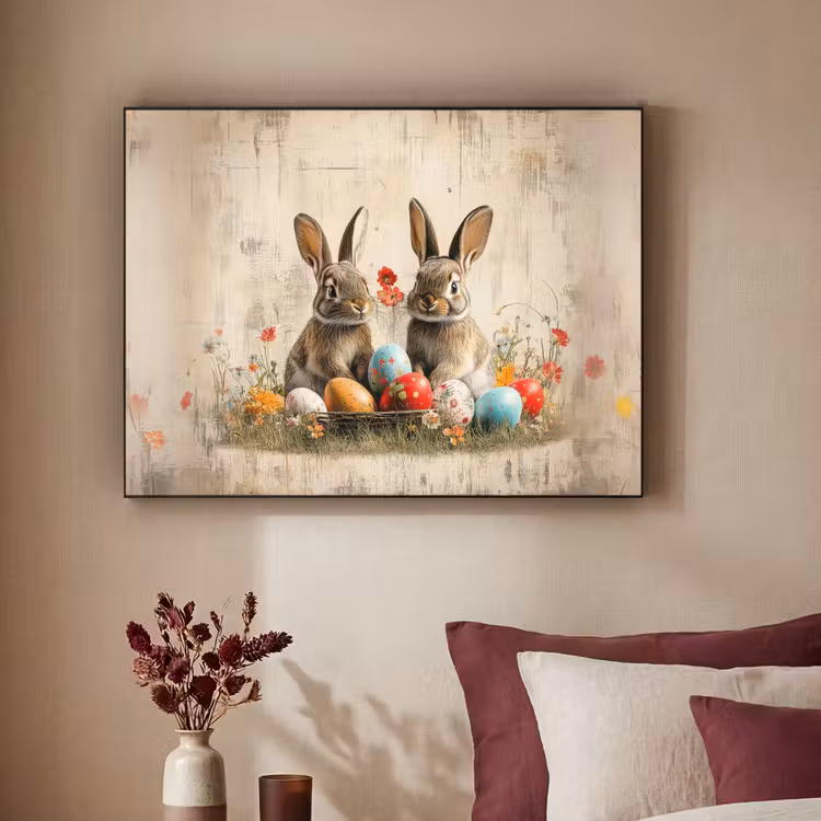 Konijnen - Bloemen - Eieren Textielframe - compleet frame klein -sfeer1