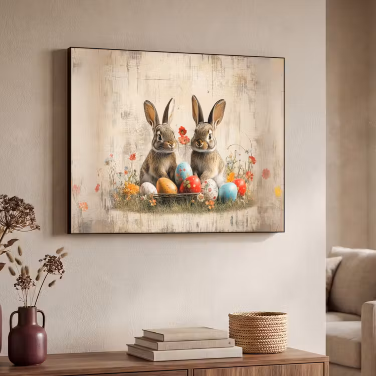 Konijnen - Bloemen - Eieren Textielframe - compleet frame klein -sfeer3