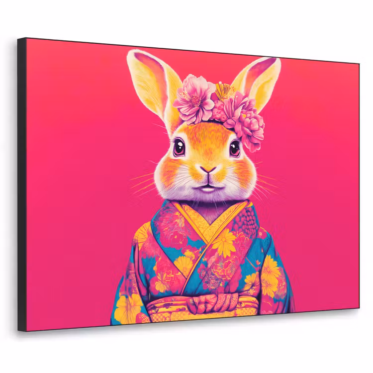 Konijn - Bloemen - Kleurrijk - Kimono Textielframe - compleet frame klein -3d