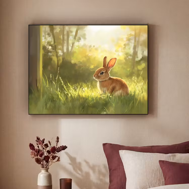 Konijn - Zonlicht - Bos Textielframe zwart klein -sfeer1