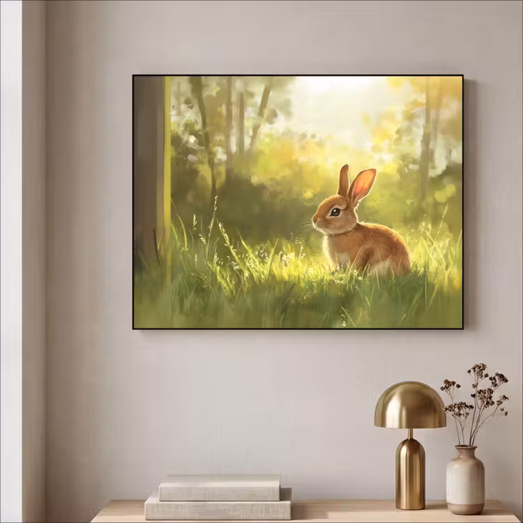 Konijn - Zonlicht - Bos Textielframe - compleet frame klein -sfeer2