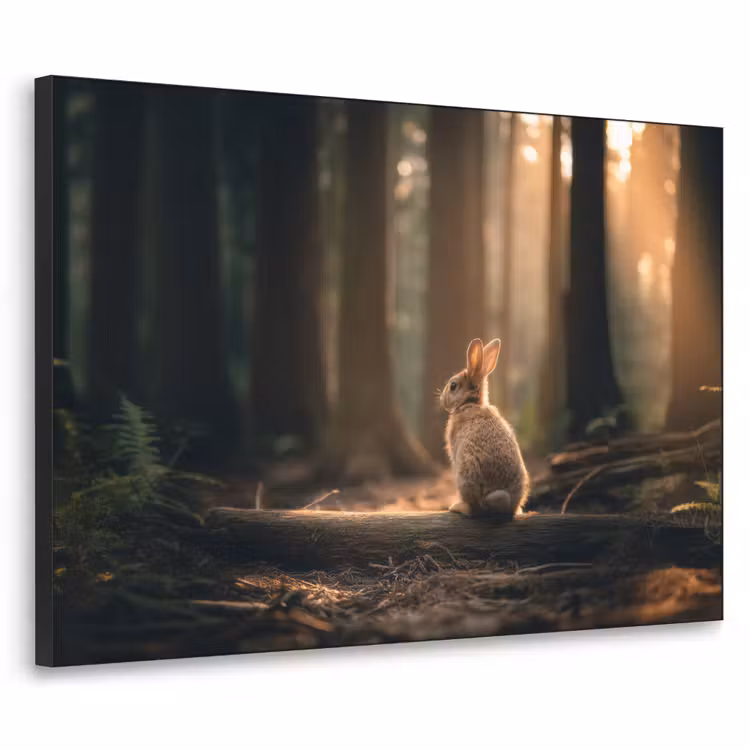 Konijn - Bos - Zonnestralen Textielframe zwart klein -3d