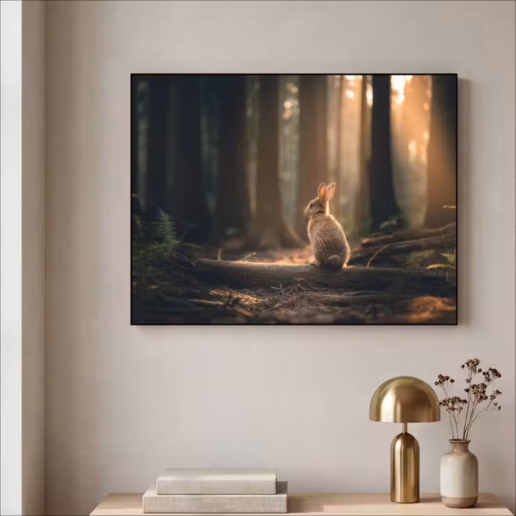Konijn - Bos - Zonnestralen Textielframe zwart klein -sfeer2