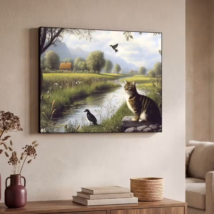 Kat - Beekje - Weide Textielframe zwart klein -sfeer3