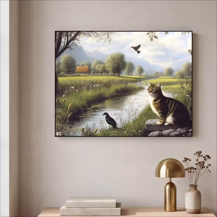 Kat - Beekje - Weide Textielframe zwart klein -sfeer2