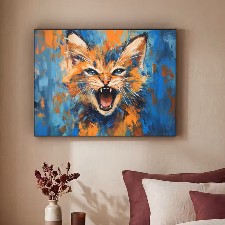 Kat - Kleurrijk - Oranje - Blauw Textielframe zwart klein -sfeer1