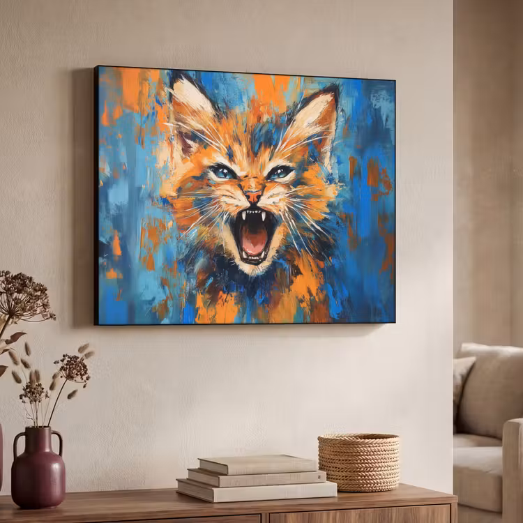 Kat - Kleurrijk - Oranje - Blauw Textielframe zwart klein -sfeer3
