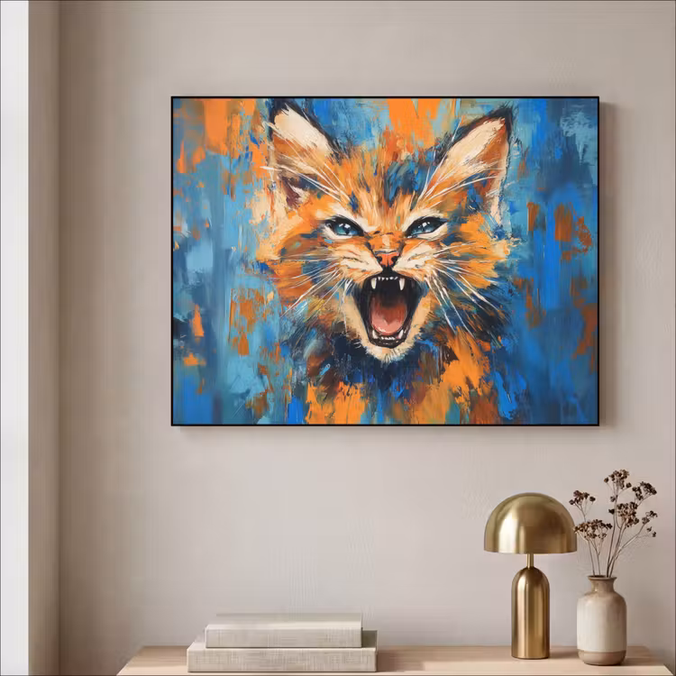 Kat - Kleurrijk - Oranje - Blauw Textielframe zwart klein -sfeer2