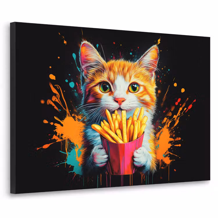Kat - Eten - Patat - Graffiti - Abstract Textielframe zwart klein -3d