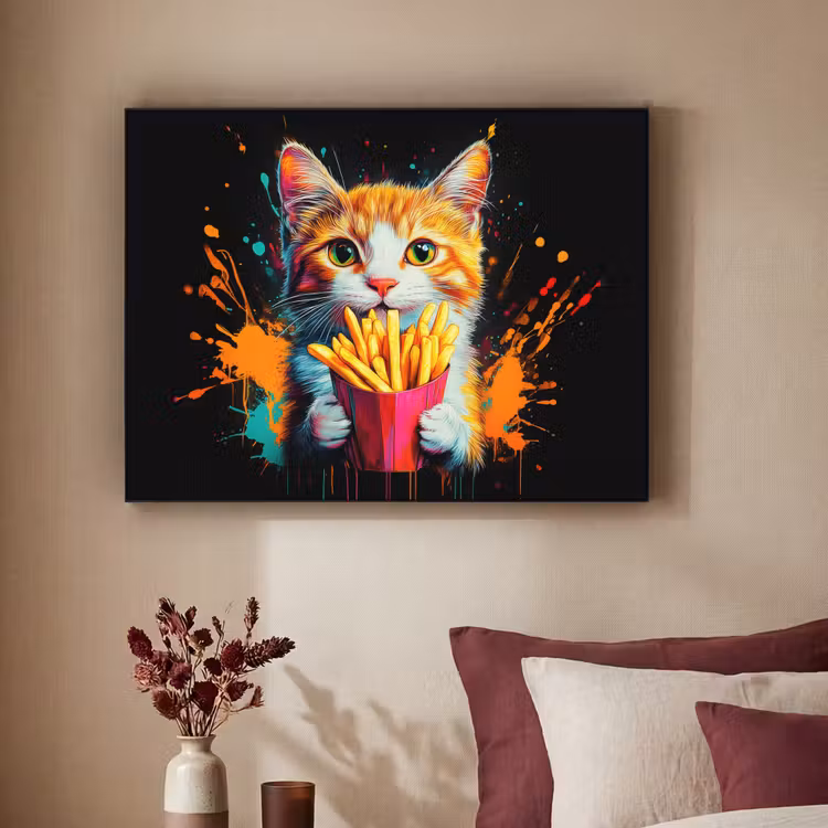 Kat - Eten - Patat - Graffiti - Abstract Textielframe - compleet frame klein -sfeer1