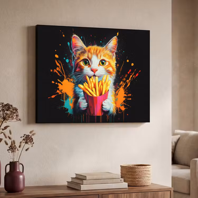 Kat - Eten - Patat - Graffiti - Abstract Textielframe - compleet frame klein -sfeer3