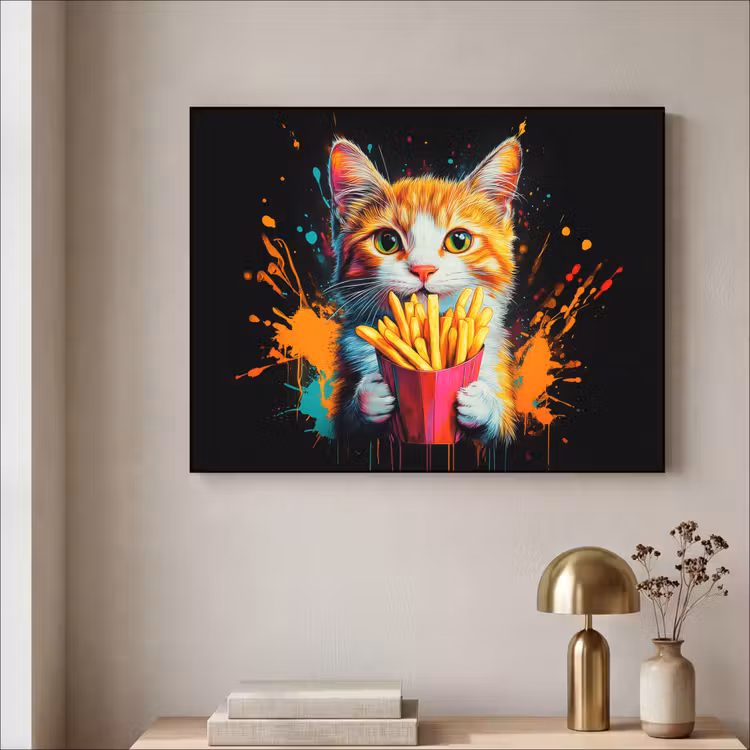 Kat - Eten - Patat - Graffiti - Abstract Textielframe - compleet frame klein -sfeer2