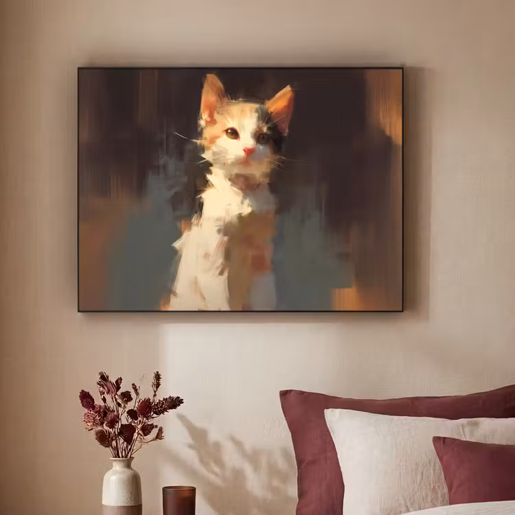 Kat - Geschilderd - Artistiek - Wit Textielframe zwart klein -sfeer1