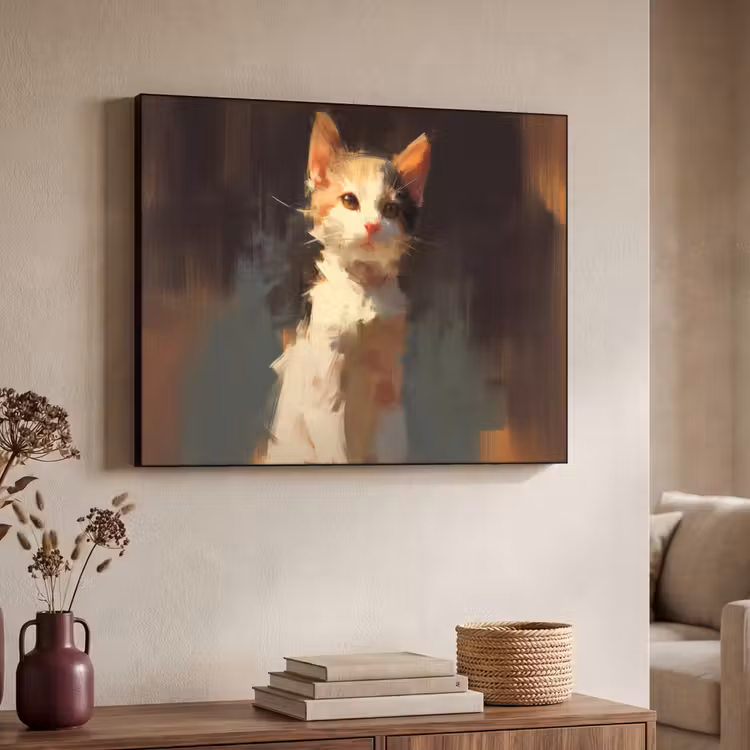 Kat - Geschilderd - Artistiek - Wit Textielframe - compleet frame klein -sfeer3