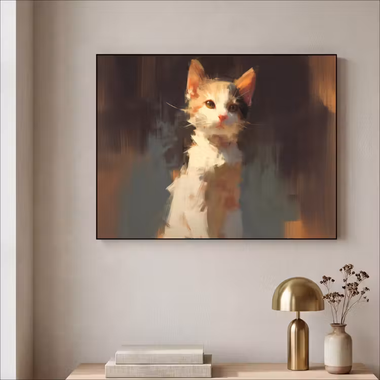 Kat - Geschilderd - Artistiek - Wit Textielframe - compleet frame klein -sfeer2
