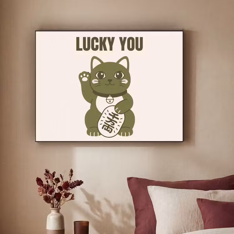 Kat - Geluk - Dieren - Modern - Groen Textielframe zwart klein -sfeer1