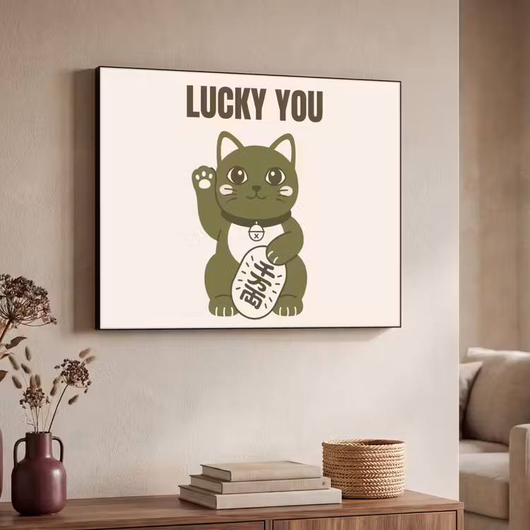 Kat - Geluk - Dieren - Modern - Groen Textielframe zwart klein -sfeer3