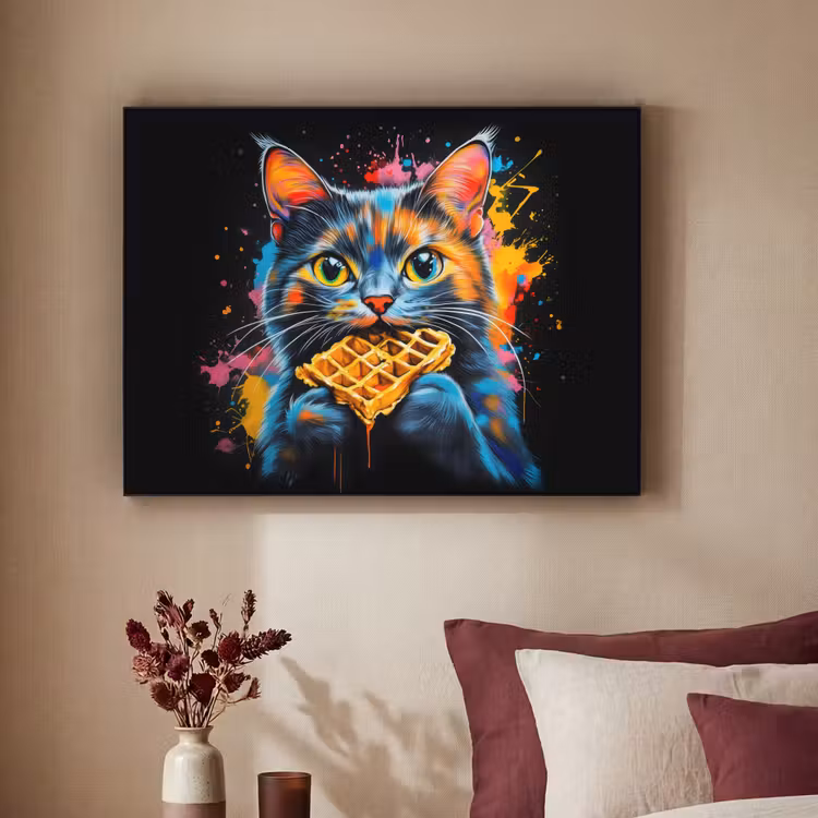 Kat - Graffiti - Kleurrijk - Wafel - Eten Textielframe zwart klein -sfeer1