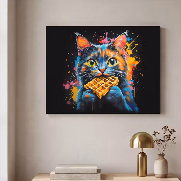 Kat - Graffiti - Kleurrijk - Wafel - Eten Textielframe zwart klein -sfeer2