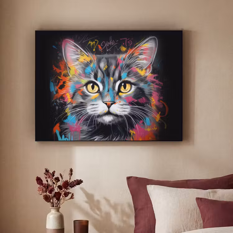 Kat - Graffiti - Dieren - Kleuren - Grijs Textielframe zwart klein -sfeer1