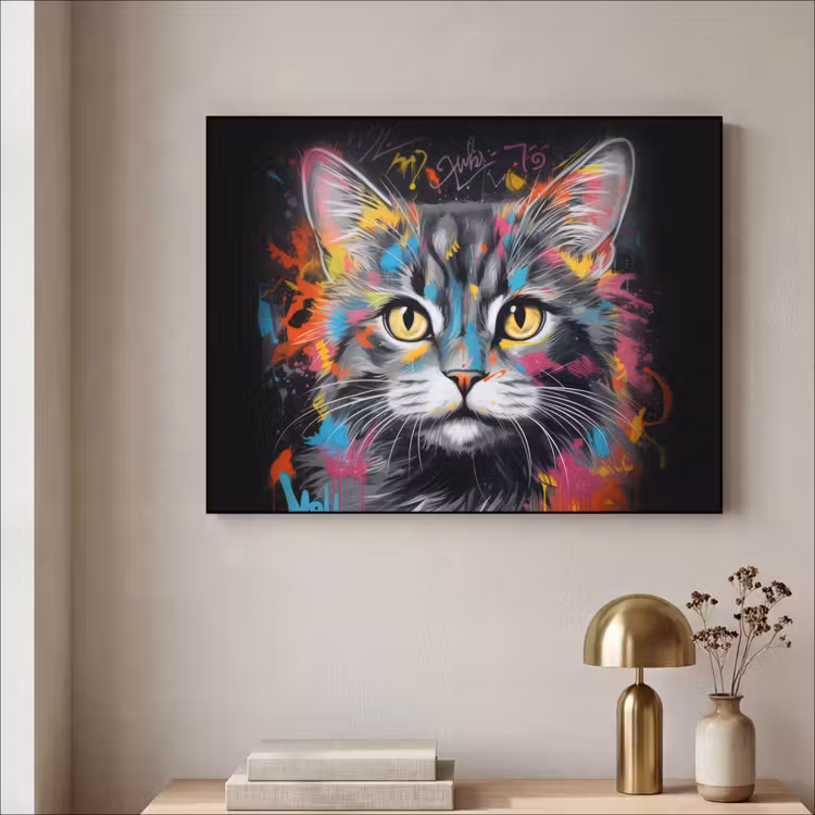 Kat - Graffiti - Dieren - Kleuren - Grijs Textielframe zwart klein -sfeer2