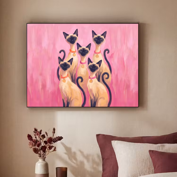 Kat - Groep - Dieren - Modern - Roze Textielframe zwart klein -sfeer1