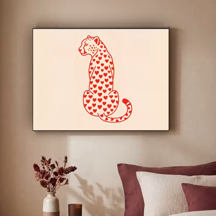 Kat - Harten - Dieren - Modern - Rood Textielframe zwart klein -sfeer1