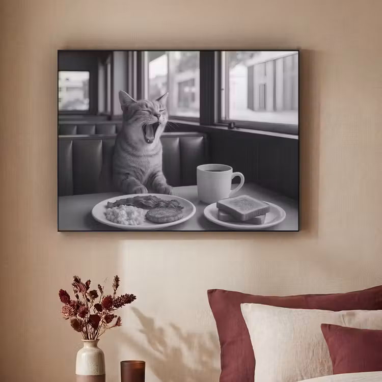 Kat - Koffie - Brood - Zwart Textielframe - compleet frame klein -sfeer1