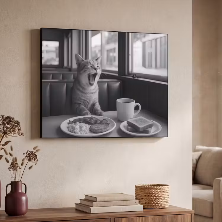Kat - Koffie - Brood - Zwart Textielframe - compleet frame klein -sfeer3