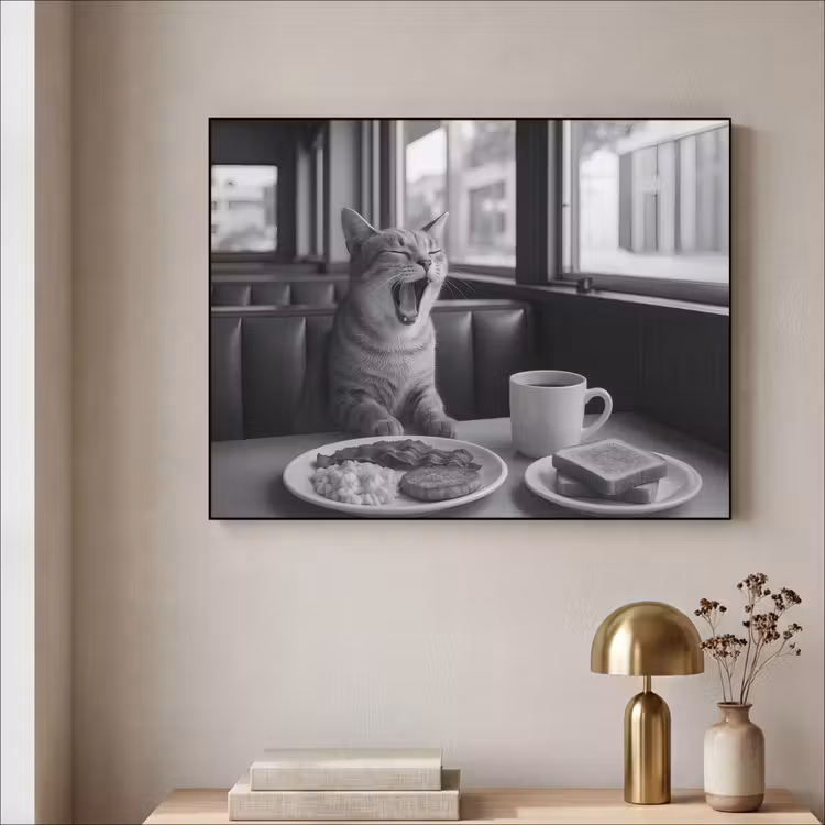 Kat - Koffie - Brood - Zwart Textielframe - compleet frame klein -sfeer2