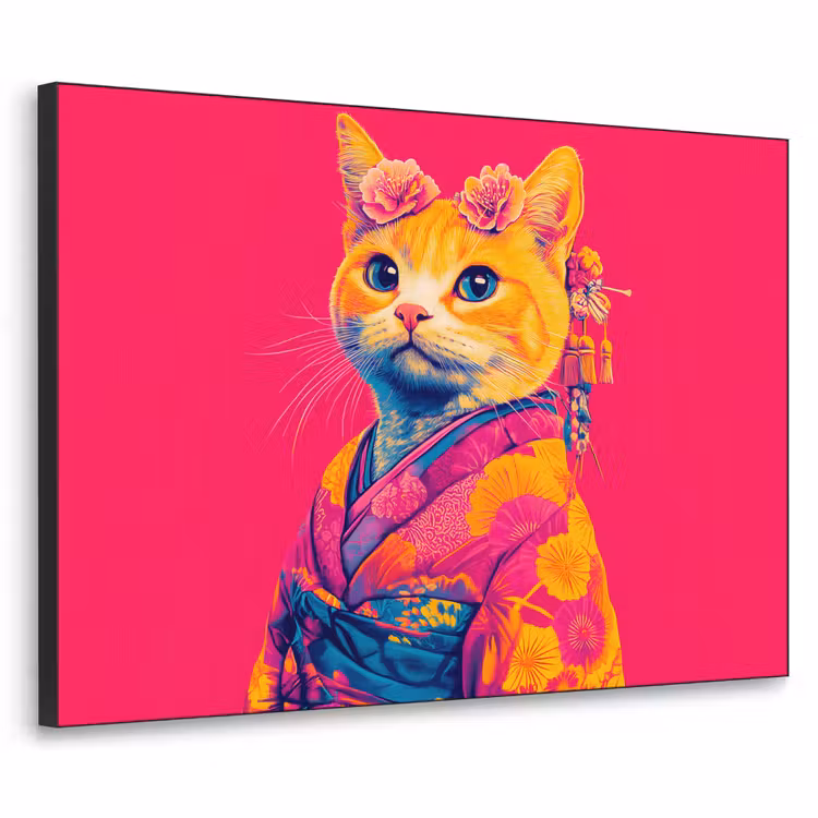 Kat - Kimono - Bloemen - Roze Textielframe zwart klein -3d