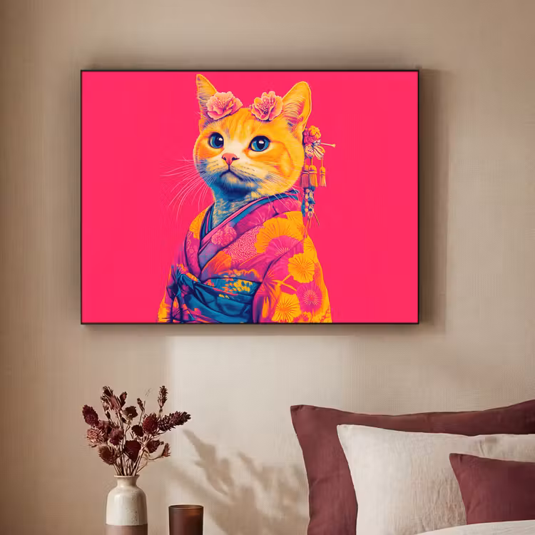 Kat - Kimono - Bloemen - Roze Textielframe zwart klein -sfeer1