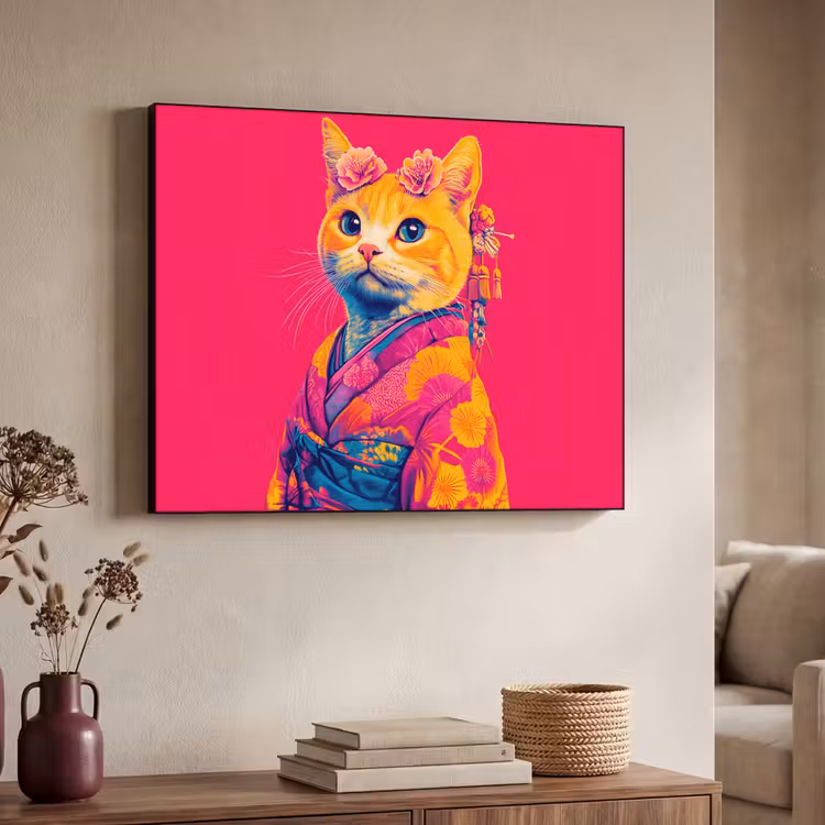 Kat - Kimono - Bloemen - Roze Textielframe zwart klein -sfeer3