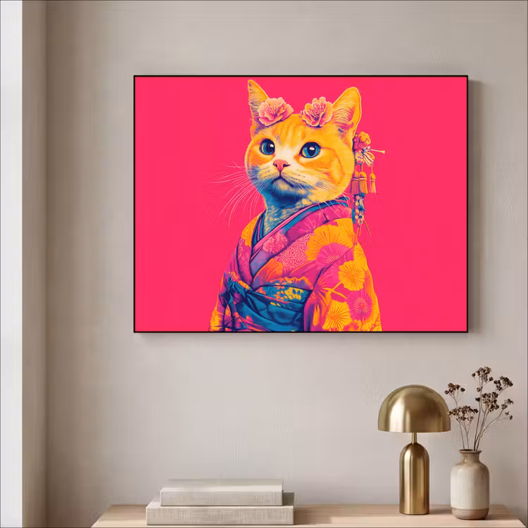 Kat - Kimono - Bloemen - Roze Textielframe - compleet frame klein -sfeer2