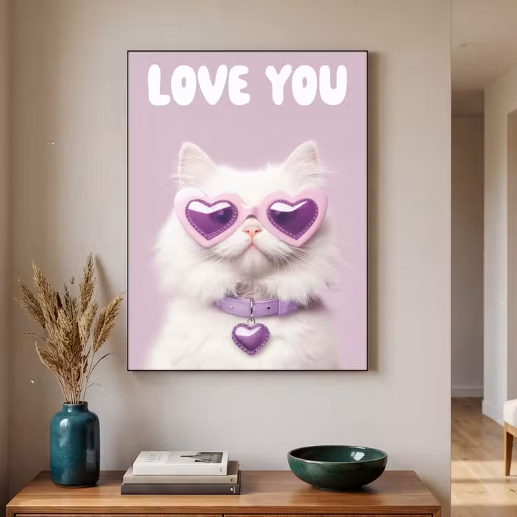Kat - Love - Paars - Valentijn Textielframe zwart klein -sfeer1