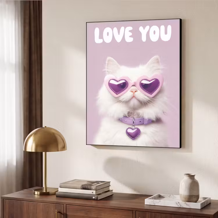 Kat - Love - Paars - Valentijn Textielframe zwart klein -sfeer3