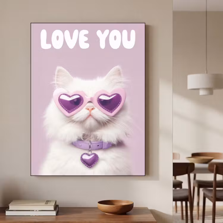 Kat - Love - Paars - Valentijn Textielframe zwart klein -sfeer2