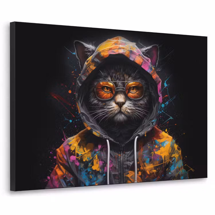Kat - Jas - Graffiti - Bril - Zwart Textielframe zwart klein -3d
