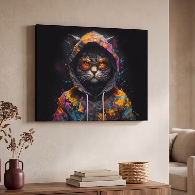 Kat - Jas - Graffiti - Bril - Zwart Textielframe zwart klein -sfeer3