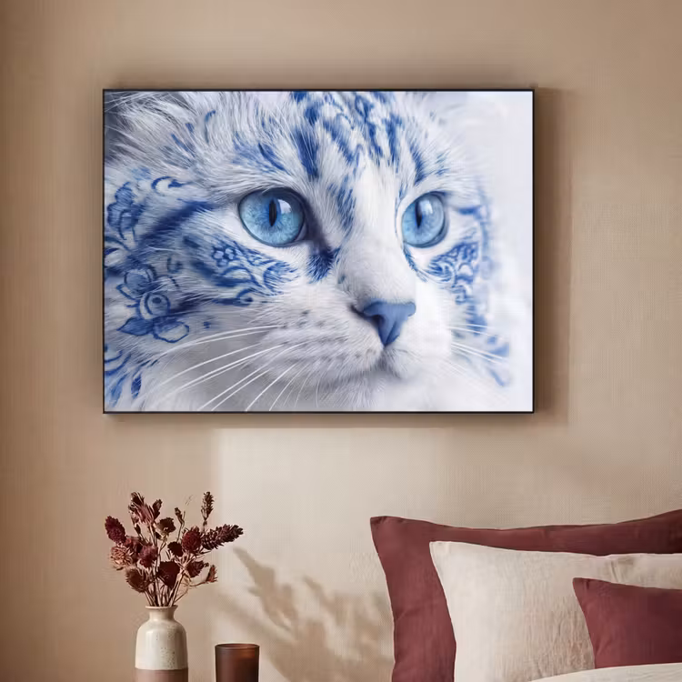 Art Frame - Katze - Muster - Blau - Kat - Patroon - Blauw Textielframe zwart klein