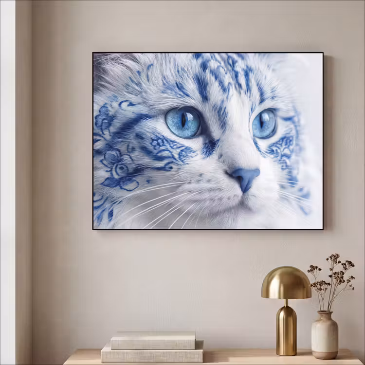 Art Frame - Katze - Muster - Blau - Kat - Patroon - Blauw Textielframe zwart klein