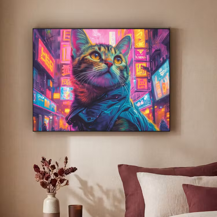 Kat - Pop art - China - Neon - Stad Textielframe zwart klein -sfeer1